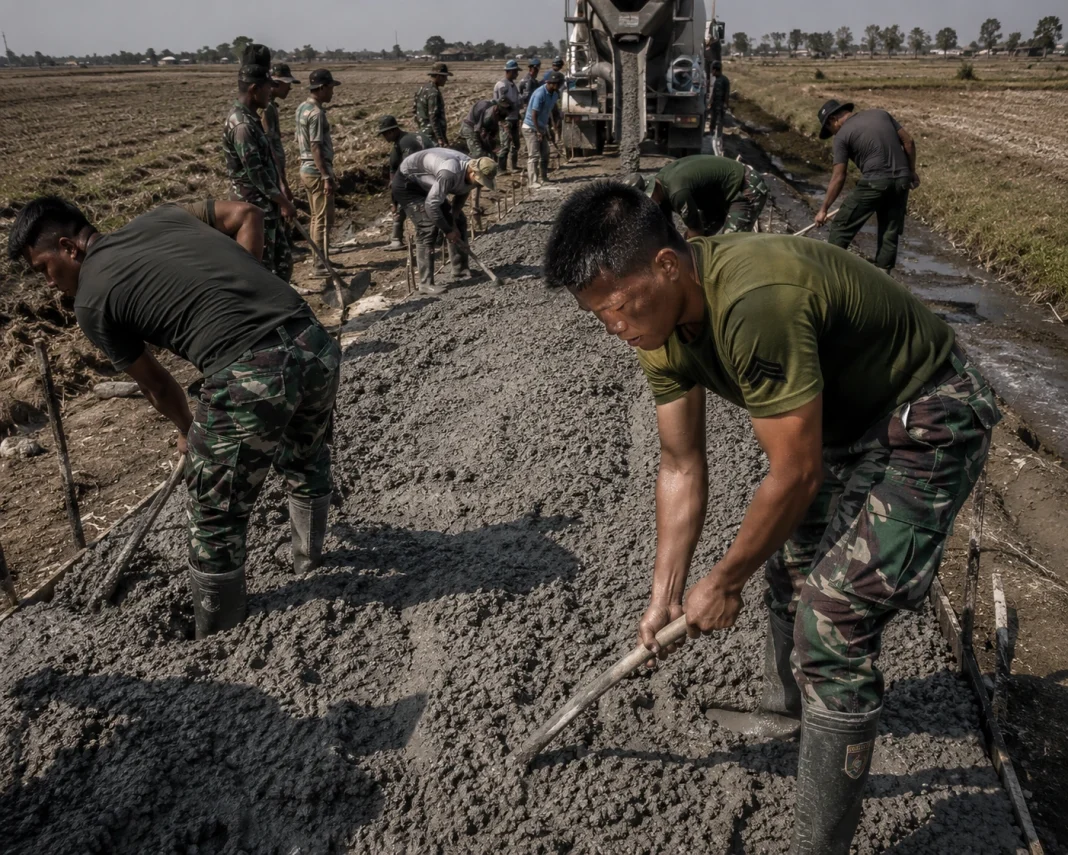Prajurit TNI dan masyarakat desa di Lamongan bergotong-royong mengecor jalan dan memperbaiki saluran irigasi dalam program TMMD 129.