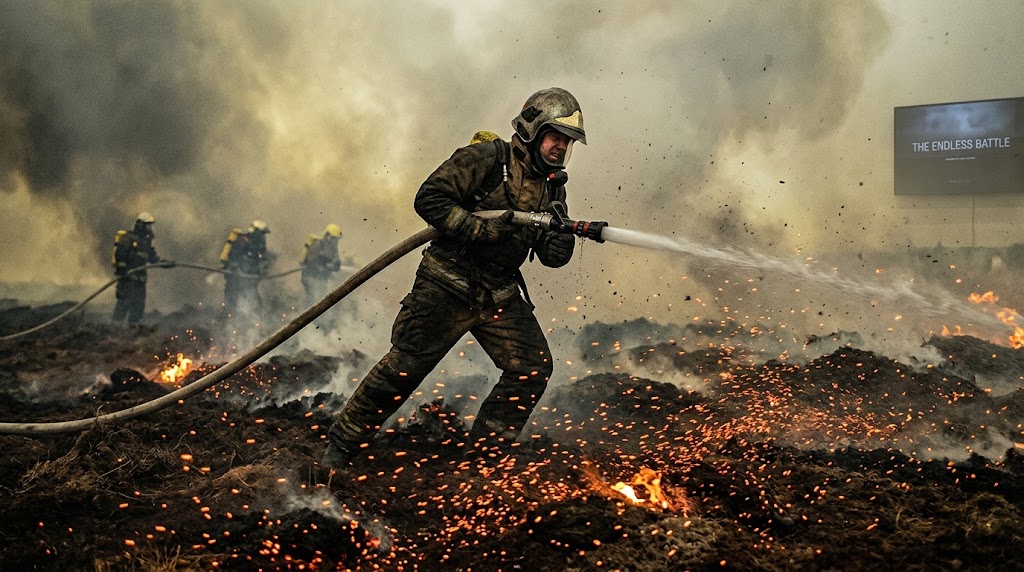 Tim Manggala Agni berjibaku memadamkan sisa api Karhutla Palangkaraya di lahan gambut yang kering kerontang.