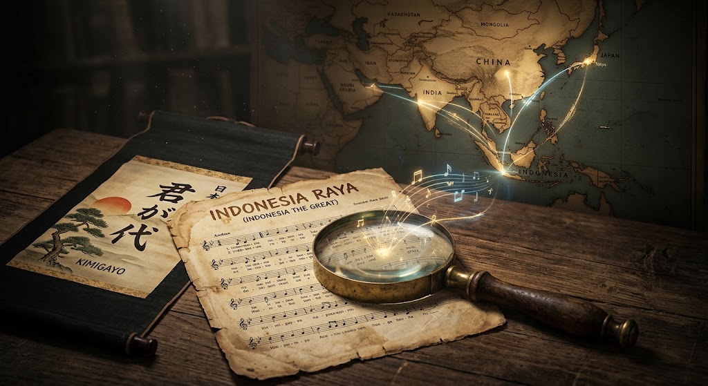 Ilustrasi partitur lagu Indonesia Raya bersanding dengan elemen peta dan sejarah bangsa-bangsa di Asia yang mewakili usia tua lagu-lagu kebangsaan.
